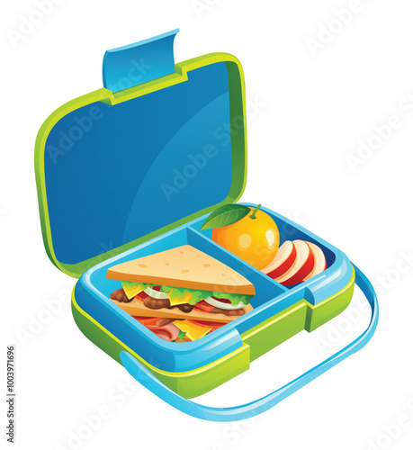Lunch box with sandwich, apple slices, and orange in compartments. Vector cartoon illustration