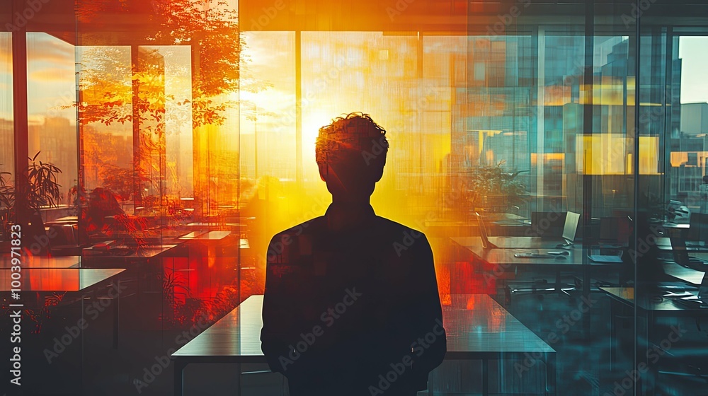 Silhouette of a Person Standing in Front of a Window with Sunset Glare Silhouette of a Person Standing in Front of a Window with Sunset Glare