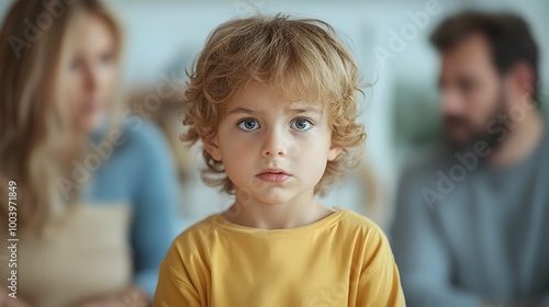 A child looking up at their arguing parents with pleading eyes while the parents ignore the child symbolizing the neglect and disconnection within the family photo