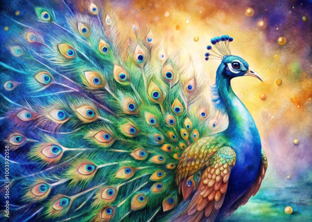 Fototapeta premium Majestic Peacock Displaying Vibrant Watercolor Feathers