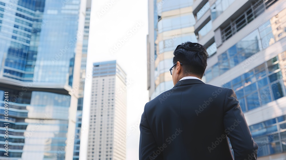 Businessman in Suit Looking Up at Skyscrapers. Businessman in Suit Looking Up at Skyscrapers.