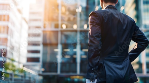 Businessman in a Suit Standing in Front of a Modern Office Building