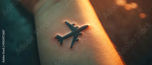 Close-up of an airplane tattoo on a forearm, showcasing intricate details against a blurred background. photo