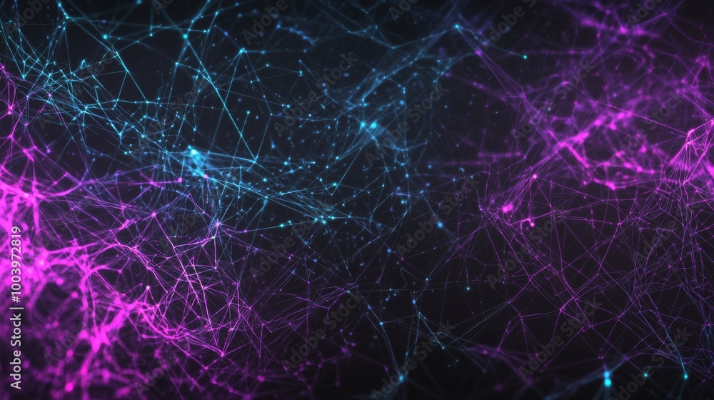 Abstract network background showing lines and dots connecting on a dark background with a blue and purple gradient. This is great for technology, science or communication designs Abstract network background showing lines and dots connecting on a dark background with a blue and purple gradient. This is great for technology, science or communication designs