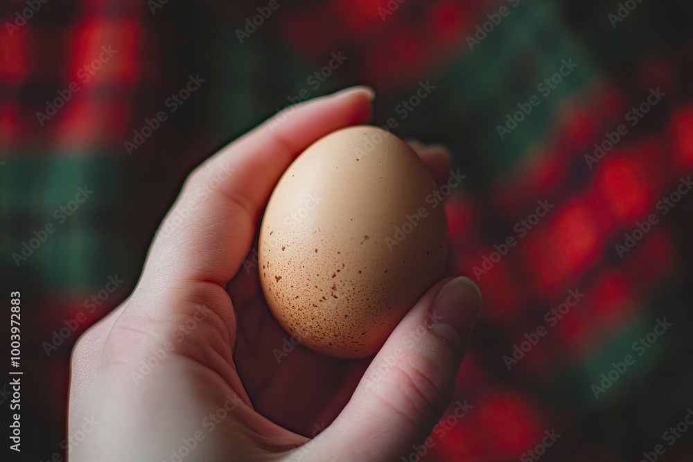 A hand gripping a single brown-colored boiled chicken egg, with the backdrop of a red and green plaid tablecloth, generative ai A hand gripping a single brown-colored boiled chicken egg, with the backdrop of a red and green plaid tablecloth, generative ai