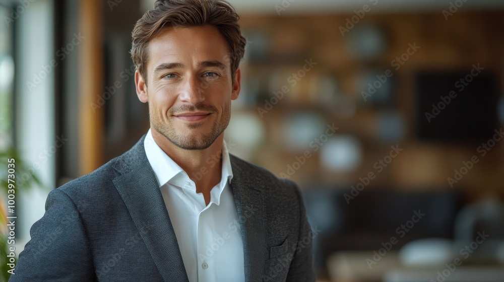 Young smiling businessman in gray suit standing indoors, confident corporate professional, modern office setting, casual and approachable demeanor, successful career, corporate work environment. Young smiling businessman in gray suit standing indoors, confident corporate professional, modern office setting, casual and approachable demeanor, successful career, corporate work environment.