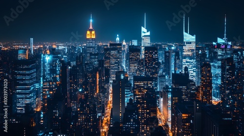 Illuminated Skyscrapers in a Modern City at Night