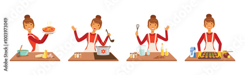 Woman Character Cooking at Home Enjoy Culinary Process Vector Set