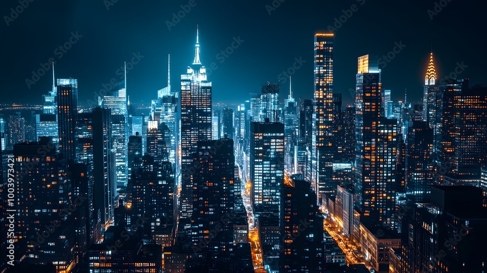 Fototapeta premium Nighttime View of Illuminated Skyscrapers in a City