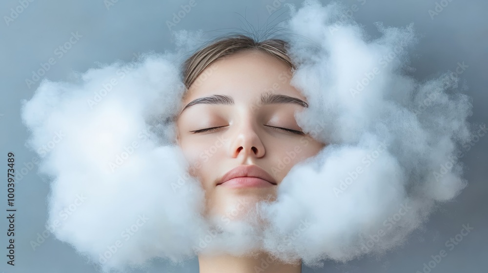 Young Woman With Head In Clouds Concept Of Anxiety, Depression, And Mental Health Challenges Young Woman With Head In Clouds Concept Of Anxiety, Depression, And Mental Health Challenges