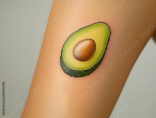 A detailed, artistic tattoo of a sliced avocado displayed on the skin, showcasing its vibrant colors and texture. photo