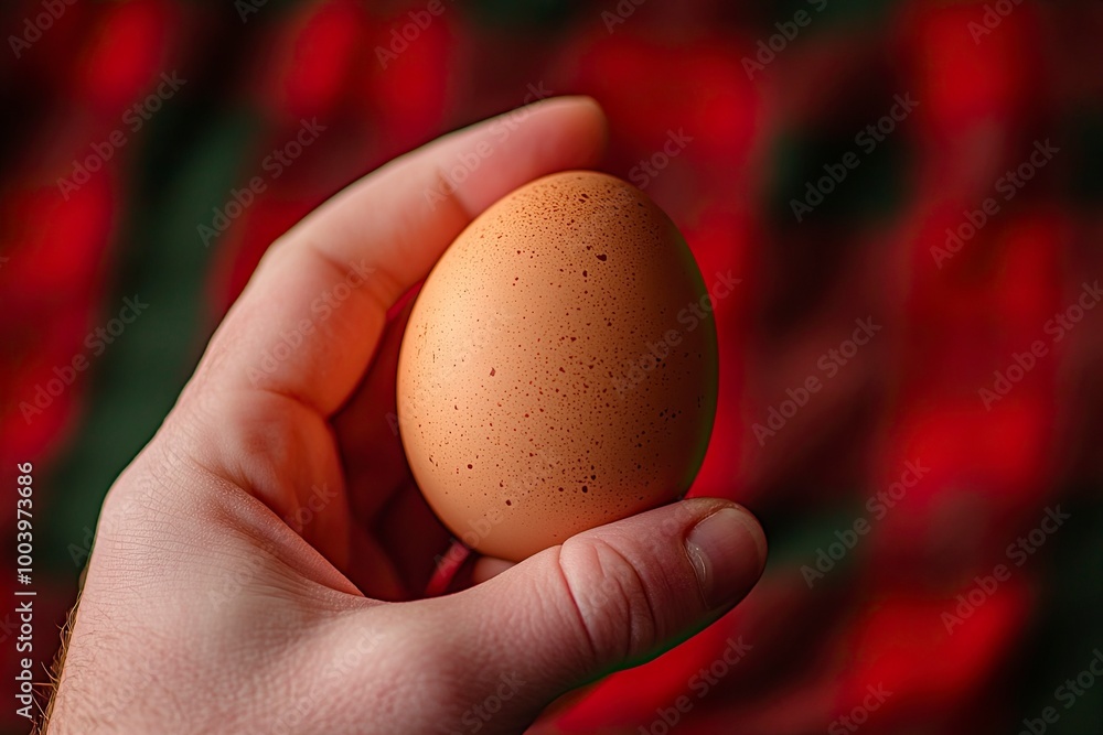 A hand gripping a single brown-colored boiled chicken egg, with the backdrop of a red and green plaid tablecloth, generative ai A hand gripping a single brown-colored boiled chicken egg, with the backdrop of a red and green plaid tablecloth, generative ai