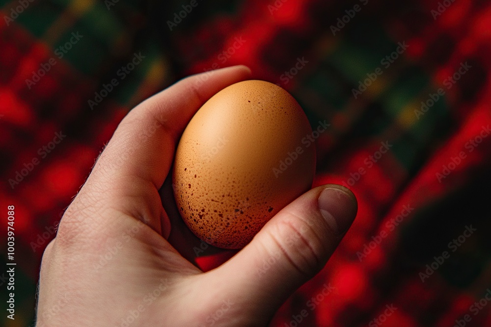 A hand gripping a single brown-colored boiled chicken egg, with the backdrop of a red and green plaid tablecloth, generative ai A hand gripping a single brown-colored boiled chicken egg, with the backdrop of a red and green plaid tablecloth, generative ai