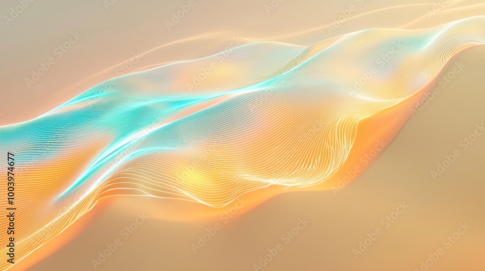 Obraz premium Bright orange and teal light flow in wavy lines on a soft tan background, creating a modern and vibrant abstract design perfect for websites, social media, and marketing materials