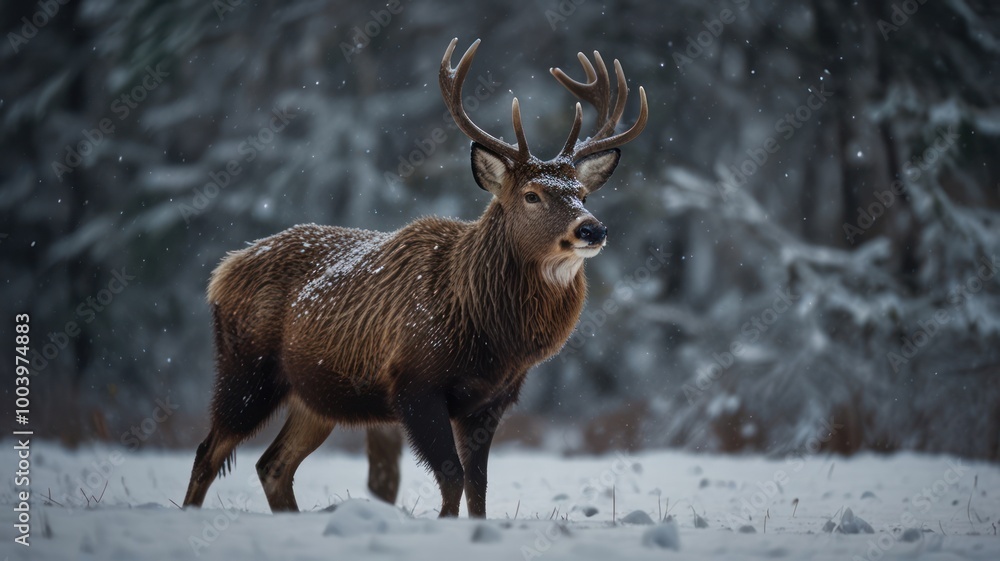 A majestic deer with large antlers stands in a snowy forest, looking towards the camera with a calm and serene expression. A majestic deer with large antlers stands in a snowy forest, looking towards the camera with a calm and serene expression.
