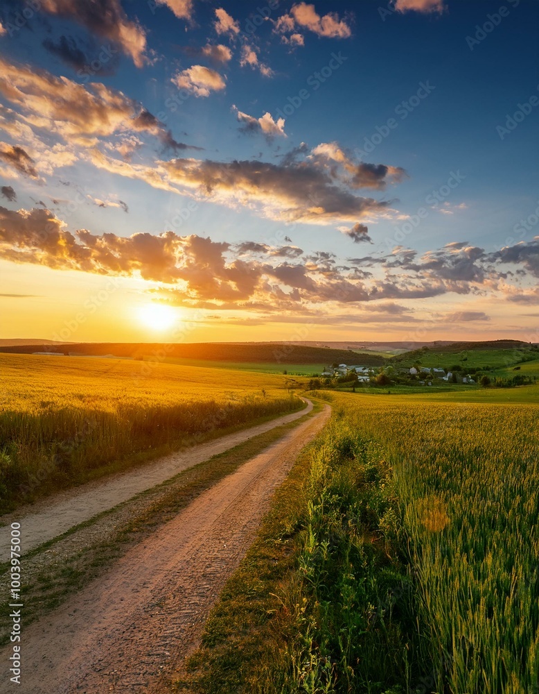 Charming Evening Landscape with Village and Lush Green Fields Charming Evening Landscape with Village and Lush Green Fields