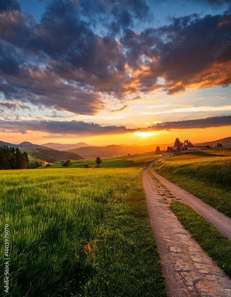 Obraz premium Serene Landscape: Beautiful Sky Above Green Fields and Village