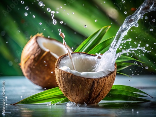 Coconut Water Splashing from a Shell