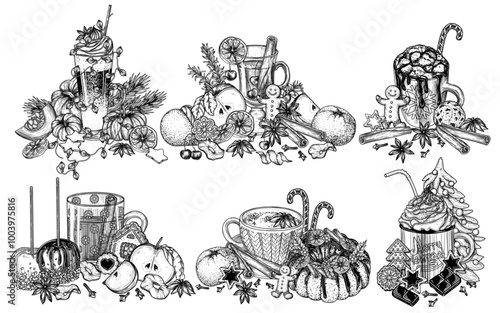	
Vector illustration set of 6 winter drinks. Spiced pumpkin-orange latte, hot chocolate, marshmallow cocoa, mulled wine, spiced tea latte, hot apple cider with gingerbread