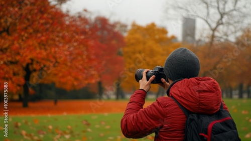 A Person Wearing a Red Jacket and a Grey Beanie Taking a Photo in a Park with Autumn Leaves