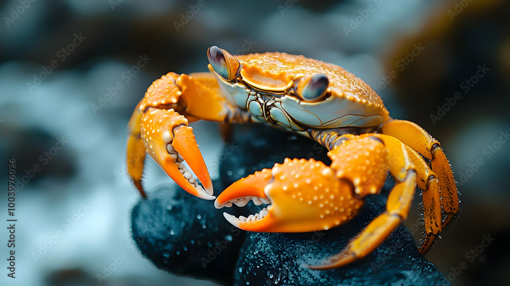 Close-up of an orange crab perched on a rock, showcasing its vibrant color and detailed features. Close-up of an orange crab perched on a rock, showcasing its vibrant color and detailed features.