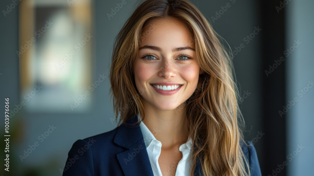 Smiling businesswoman standing in a professional office hallway, bright natural light and a confident expression, successful female leader in a corporate environment Smiling businesswoman standing in a professional office hallway, bright natural light and a confident expression, successful female leader in a corporate environment