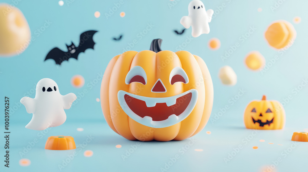 Adorable 3D pumpkin featuring a cheerful expression, painted in pastel hues, set against a gentle pastel blue backdrop filled with whimsical floating ghosts and bats. Adorable 3D pumpkin featuring a cheerful expression, painted in pastel hues, set against a gentle pastel blue backdrop filled with whimsical floating ghosts and bats.
