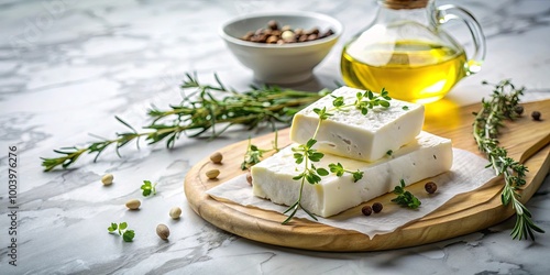 Fresh Feta Cheese on a Wooden Cutting Board with Olive Oil and Herbs