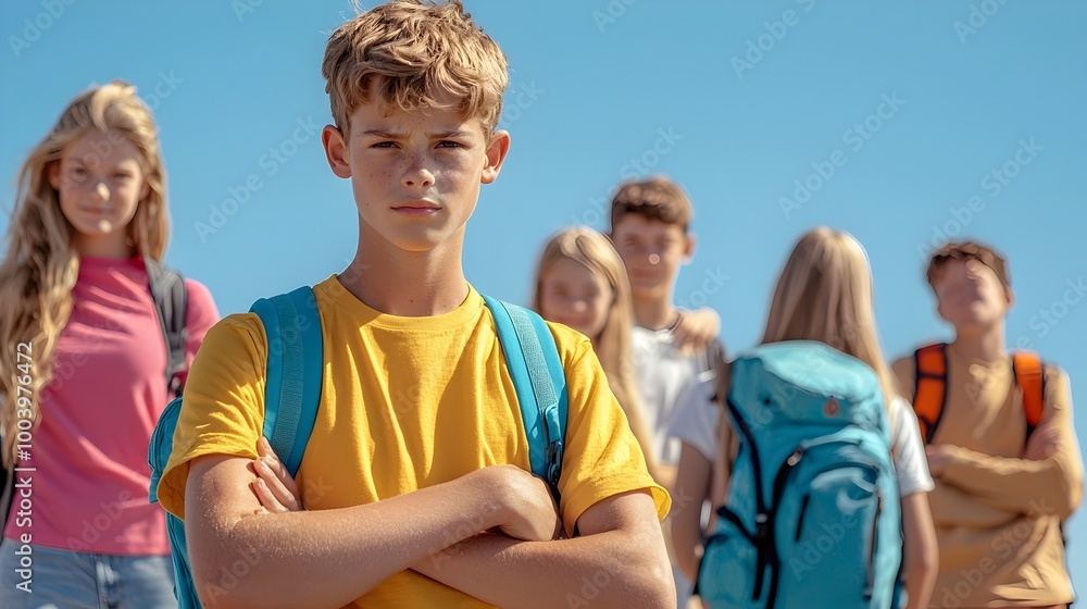A solitary teenage figure walks away from a group of friends with one arm held defensively across their body representing feelings of rejection isolation A solitary teenage figure walks away from a group of friends with one arm held defensively across their body representing feelings of rejection isolation