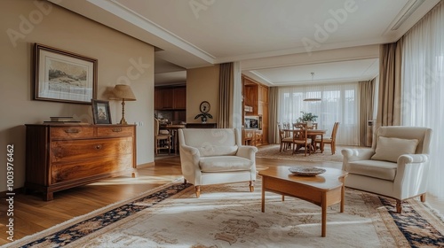 A Luxurious Living Room with White Armchairs, Wooden Furniture, and a Large Area Rug photo