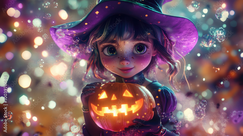 Pastel-themed 3D witch with a playful expression, holding a magic pumpkin, surrounded by floating sparkles and Halloween decorations. Pastel-themed 3D witch with a playful expression, holding a magic pumpkin, surrounded by floating sparkles and Halloween decorations.