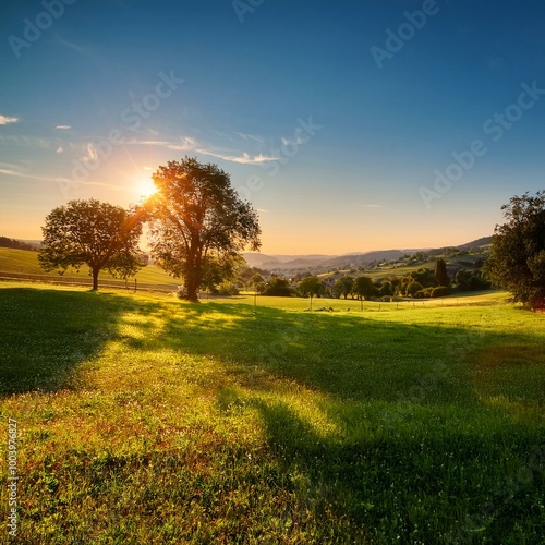 Late Summer Radiance: Orange Sun and Shaded Trees in a Small Country Pasture