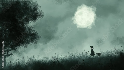 Silhouette of a person and a tree under a full moon, dark misty atmosphere.