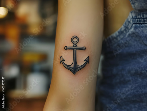 Close-up of a stylish anchor tattoo on an arm, showcasing intricate details and artistic design. photo