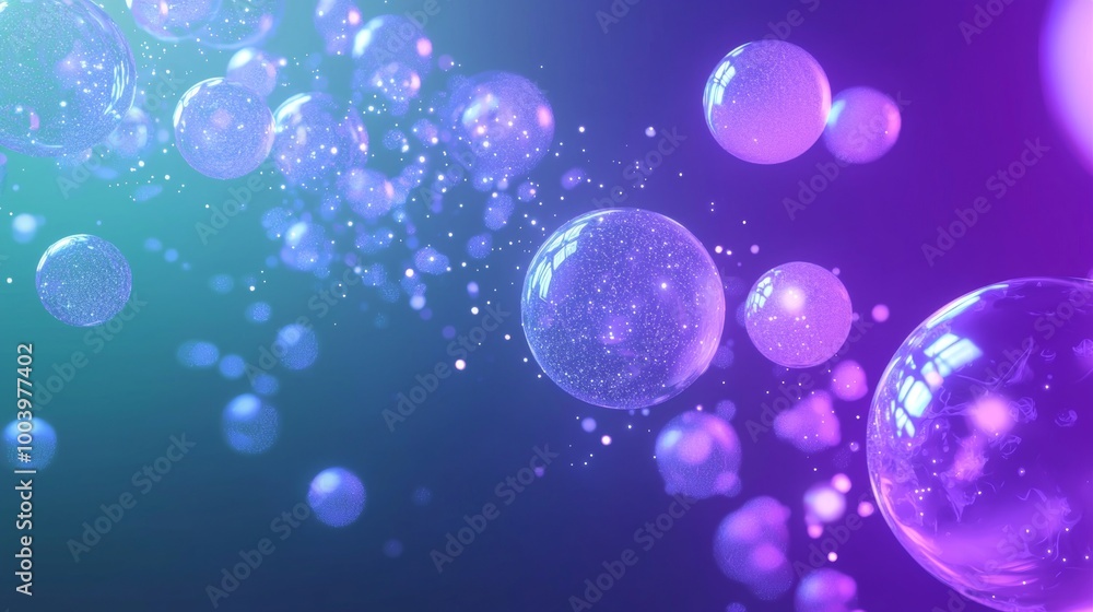 Abstract background with multiple spheres floating in a gradient from teal to purple with particles flowing around them Abstract background with multiple spheres floating in a gradient from teal to purple with particles flowing around them