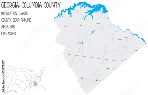 Large and detailed map of Columbia County in Georgia, USA.