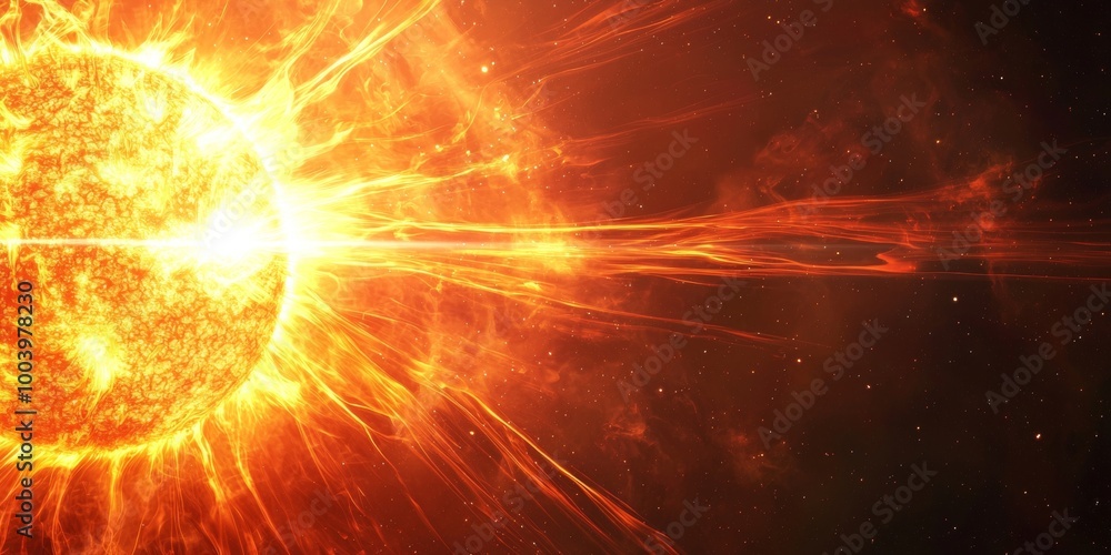 Obraz premium Massive solar flare bursts from the sun, sending waves of energy into space, creating a stunning display of heat and light in shades of orange, yellow, and red