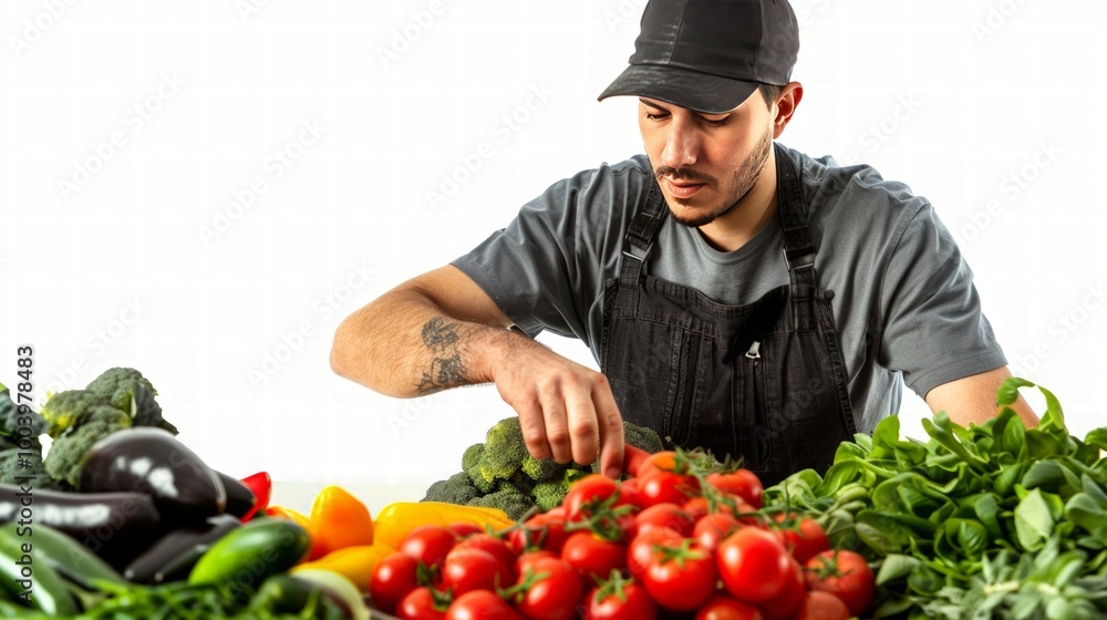Worker sorting fresh produce on white background, full body shot, space on the right, ultra HD, professional color grading, colored background. Worker sorting fresh produce on white background, full body shot, space on the right, ultra HD, professional color grading, colored background.
