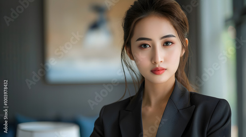 Beautiful Asian woman in a formal suit, businesswoman. Neural network AI generated art