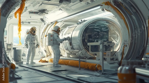 An rendering of astronauts conducting experiments aboard a futuristic space station, showcasing advanced technology