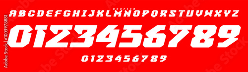 Bold italic geometric typeface with sharp edges, aggressive sporty style numbers and letters for impactful sports branding, jersey numbers, team merchandise. Vector typeset