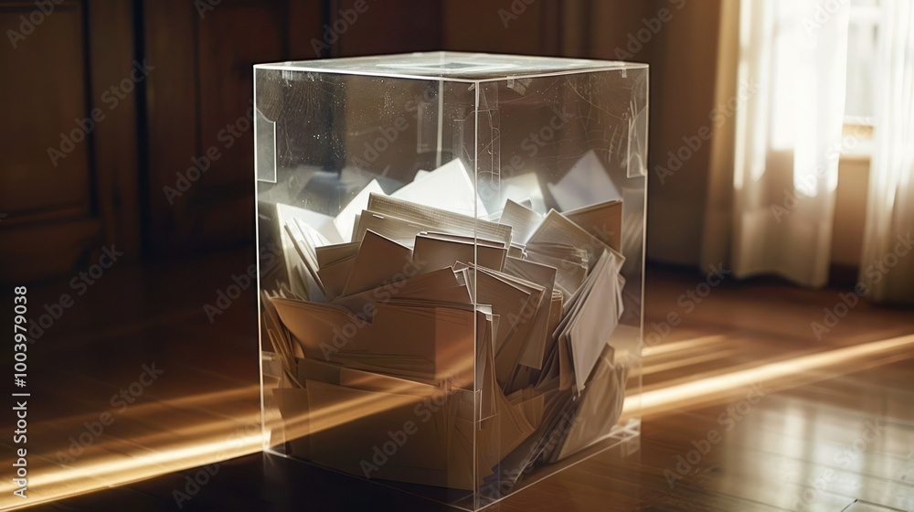 A transparent ballot box filled with ballots, symbolizing the voting process A transparent ballot box filled with ballots, symbolizing the voting process