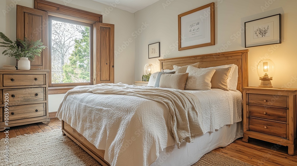 A bedroom with a wooden bed, a white duvet and throw blanket, and a wooden dresser. A bedroom with a wooden bed, a white duvet and throw blanket, and a wooden dresser.