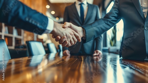 Businessmen shaking hands over a wooden table in a modern office