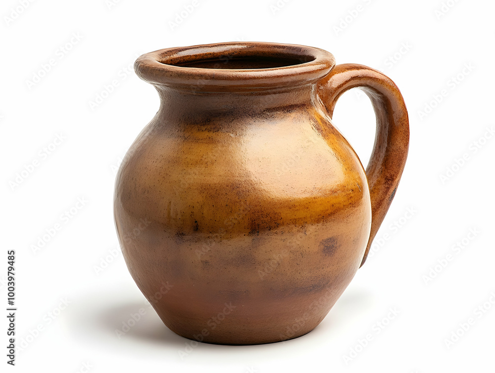 A traditional clay jug with a rounded body and a handle, perfect for serving beverages, against a white isolated background. A traditional clay jug with a rounded body and a handle, perfect for serving beverages, against a white isolated background.