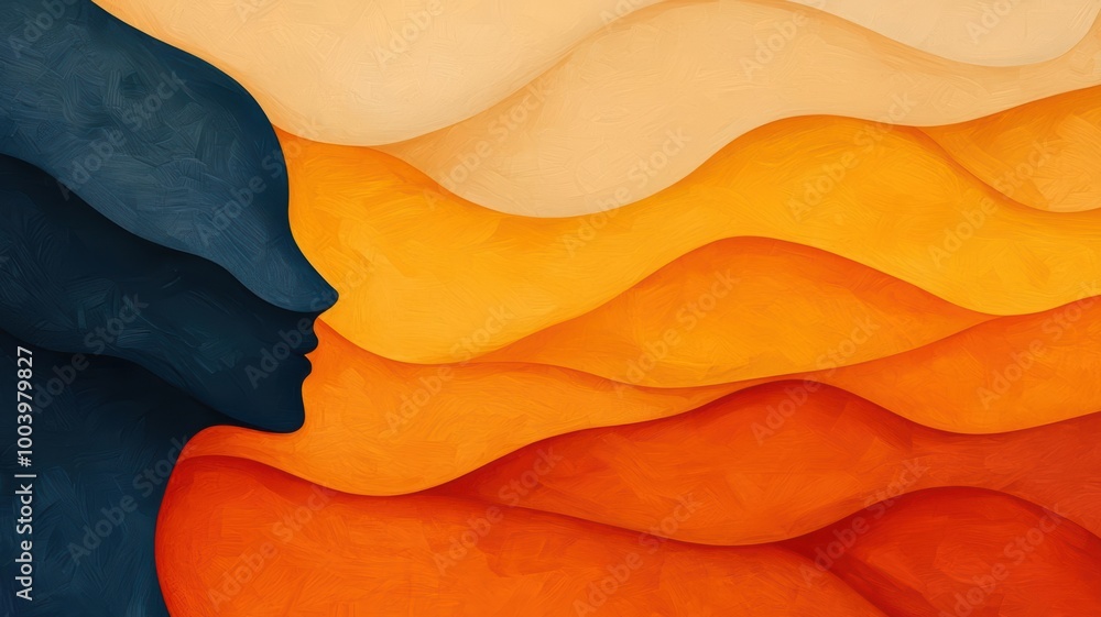 Abstract human form merging with the flowing lines of sand dunes, symbolizing the eternal dance between life and the natural environment Abstract human form merging with the flowing lines of sand dunes, symbolizing the eternal dance between life and the natural environment