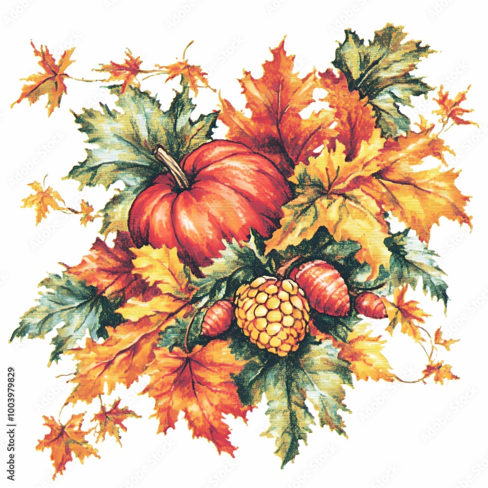 Fototapeta premium Autumn Decor with Pumpkin and Colorful Leaves