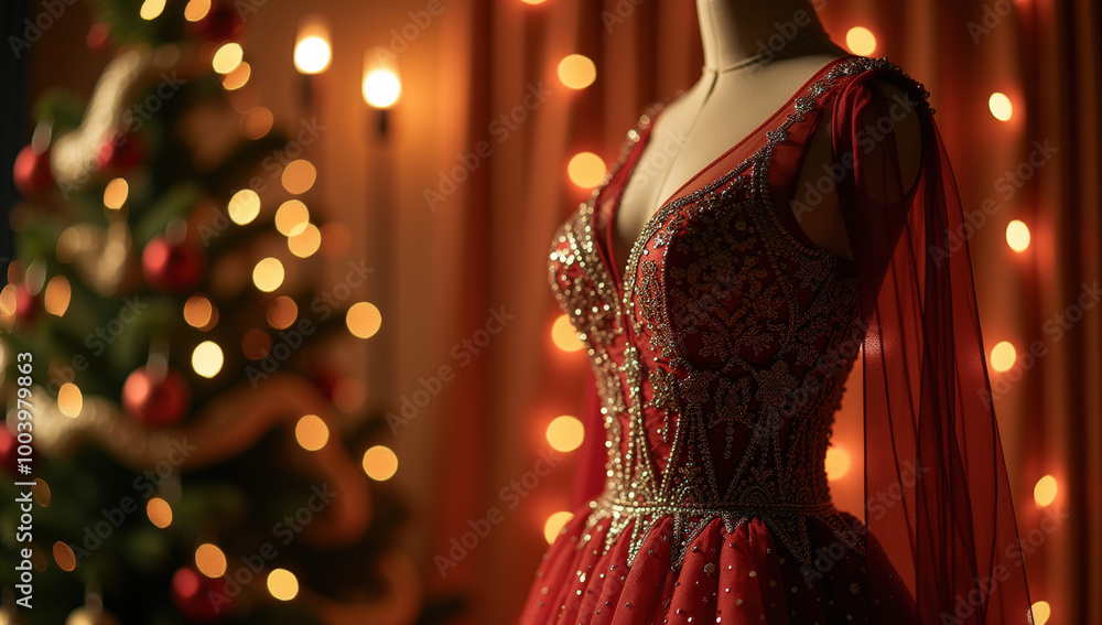 Obraz premium Elegant red gown on display near a Christmas tree with soft lights