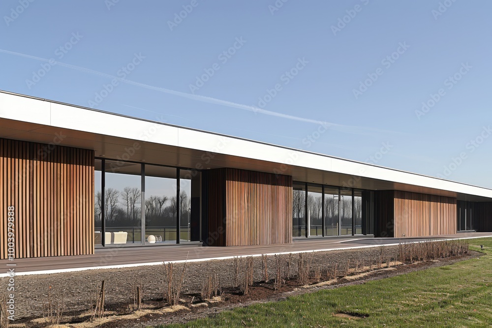 A long building with a lot of windows and a wooden facade A long building with a lot of windows and a wooden facade