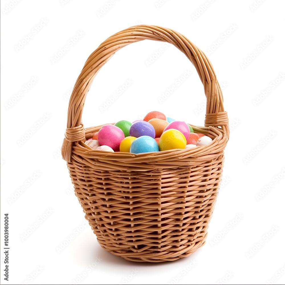 Naklejka premium Colorful Easter Basket with Assorted Candies and Treats on White Background
